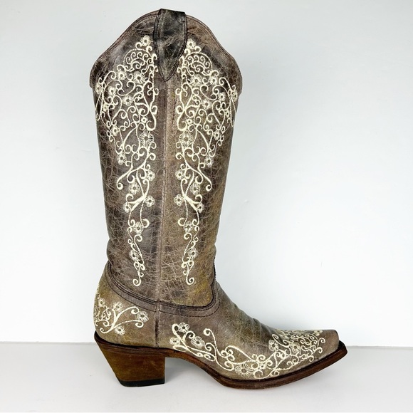 Corral Bone Color Floral Embroidered Feminine Western Cowboy Boot A1094 - Picture 7 of 14